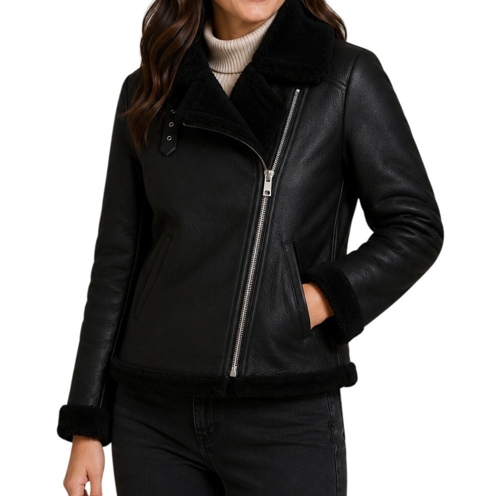 ZARA Black Faux Leather Shearling Lined Moto Biker Jacket Women's Medium